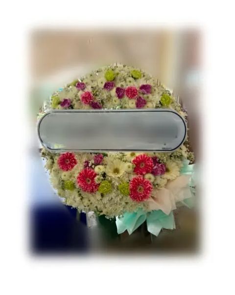 พวงหรีดเยอบีร่า โทนเขียวชมพูขาว