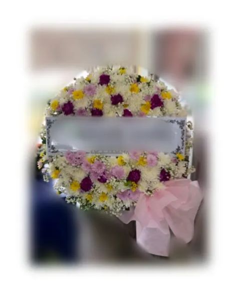 พวงหรีดดอกไม้สด โทนขาวชมพูม่วง
