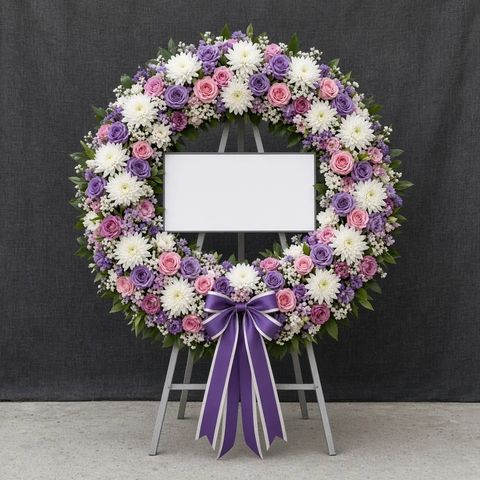 พวงหรีดจุฑามาศ โทนขาวม่วงชมพู