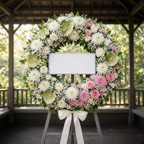 พวงหรีดชุด106 โทนขาวเขียวชมพู