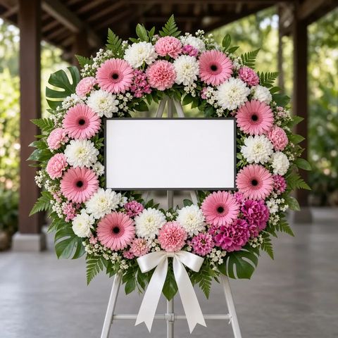 พวงหรีดชุด181 โทนชมพูขาวเขียว