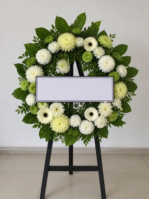พวงหรีดเบญจมาศ โทนขาวเขียว